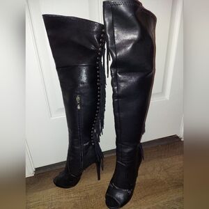 Women's BeBe, over the knee, leather boots, open toed, side zipped, back fringe